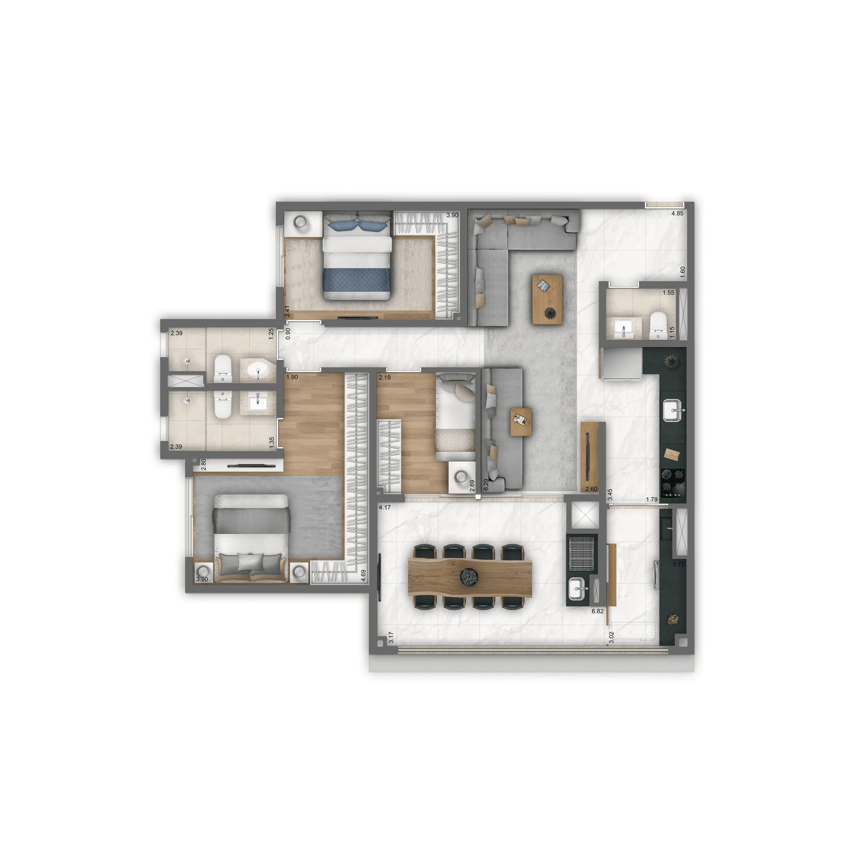 Planta Tipo 100  m² | 3 dorms. | 1 suíte