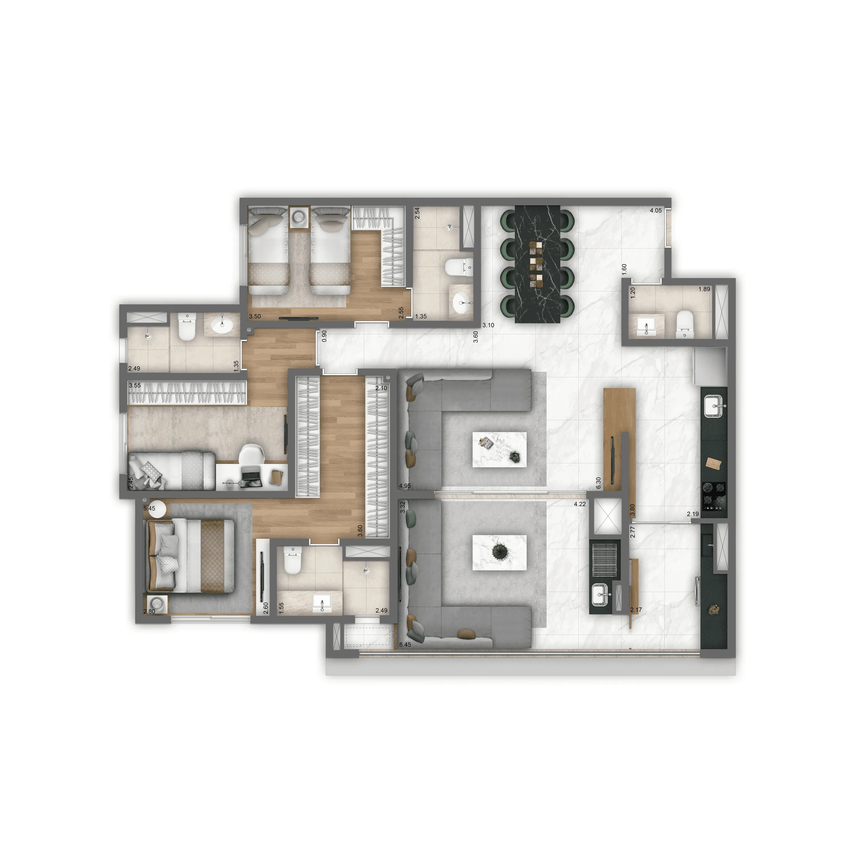 Planta Tipo 121 m² | 3 suítes