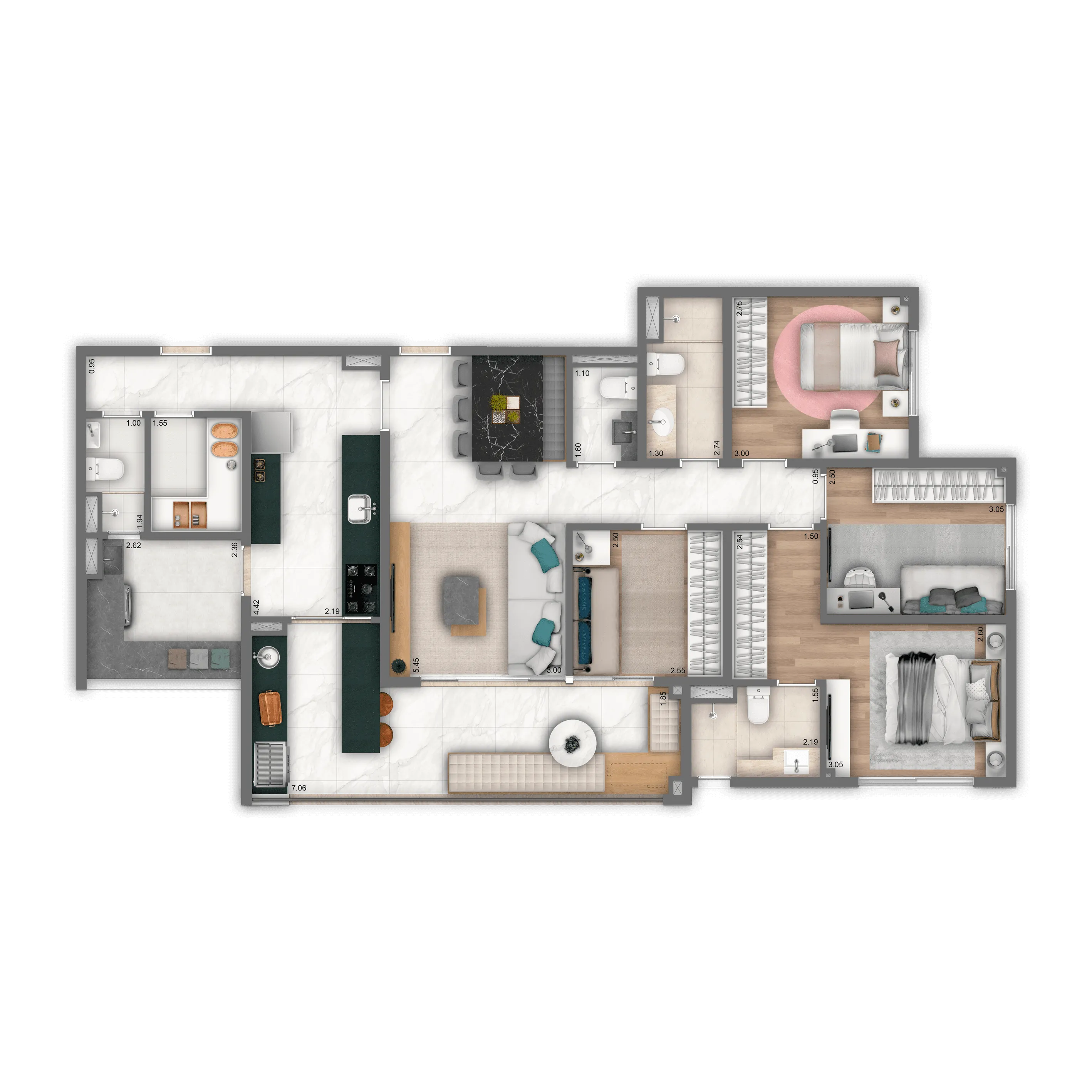 Planta Tipo 116 m² | 4 dorms. | 1 suíte