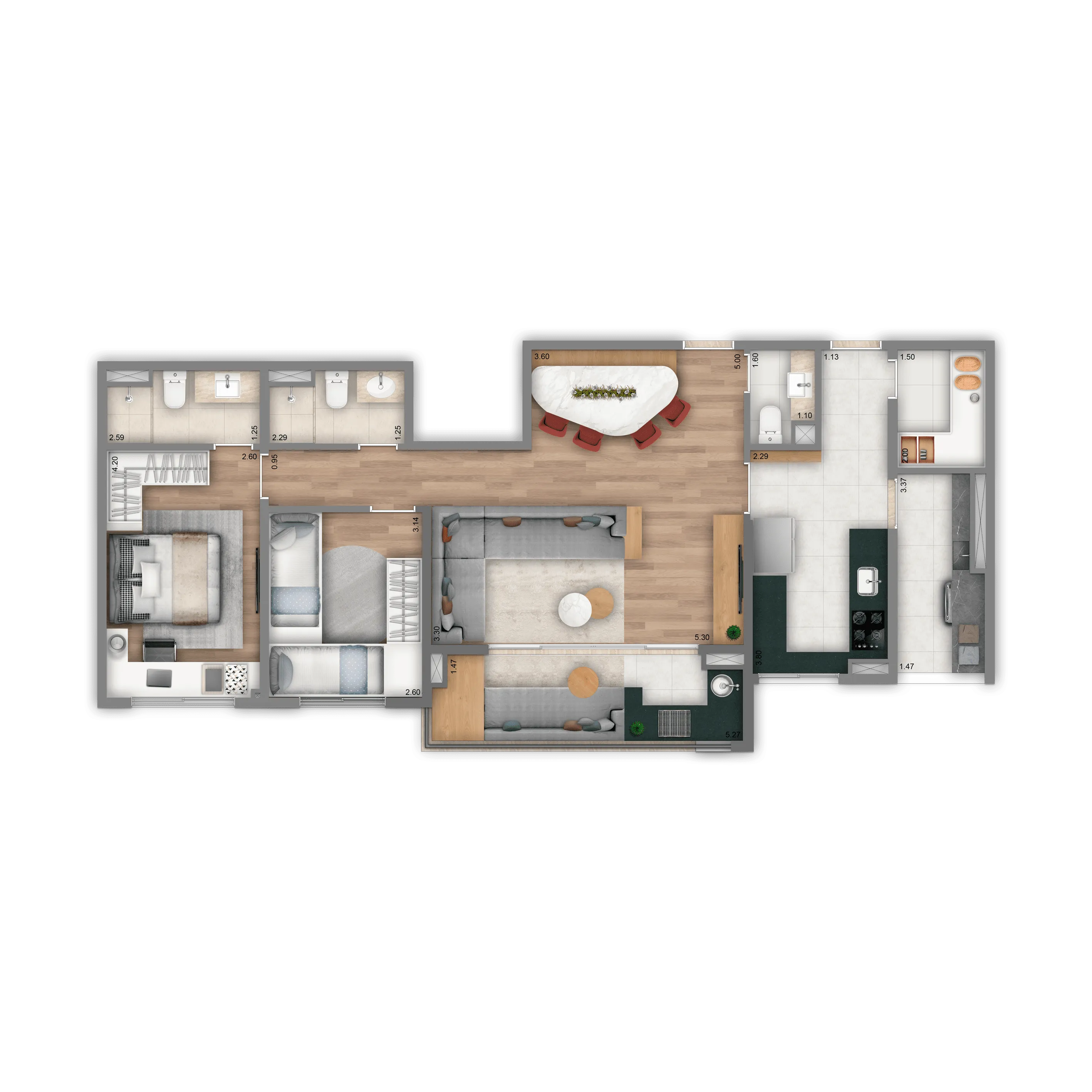Planta Opção 90 m² | 2 dorms. | 1 suíte