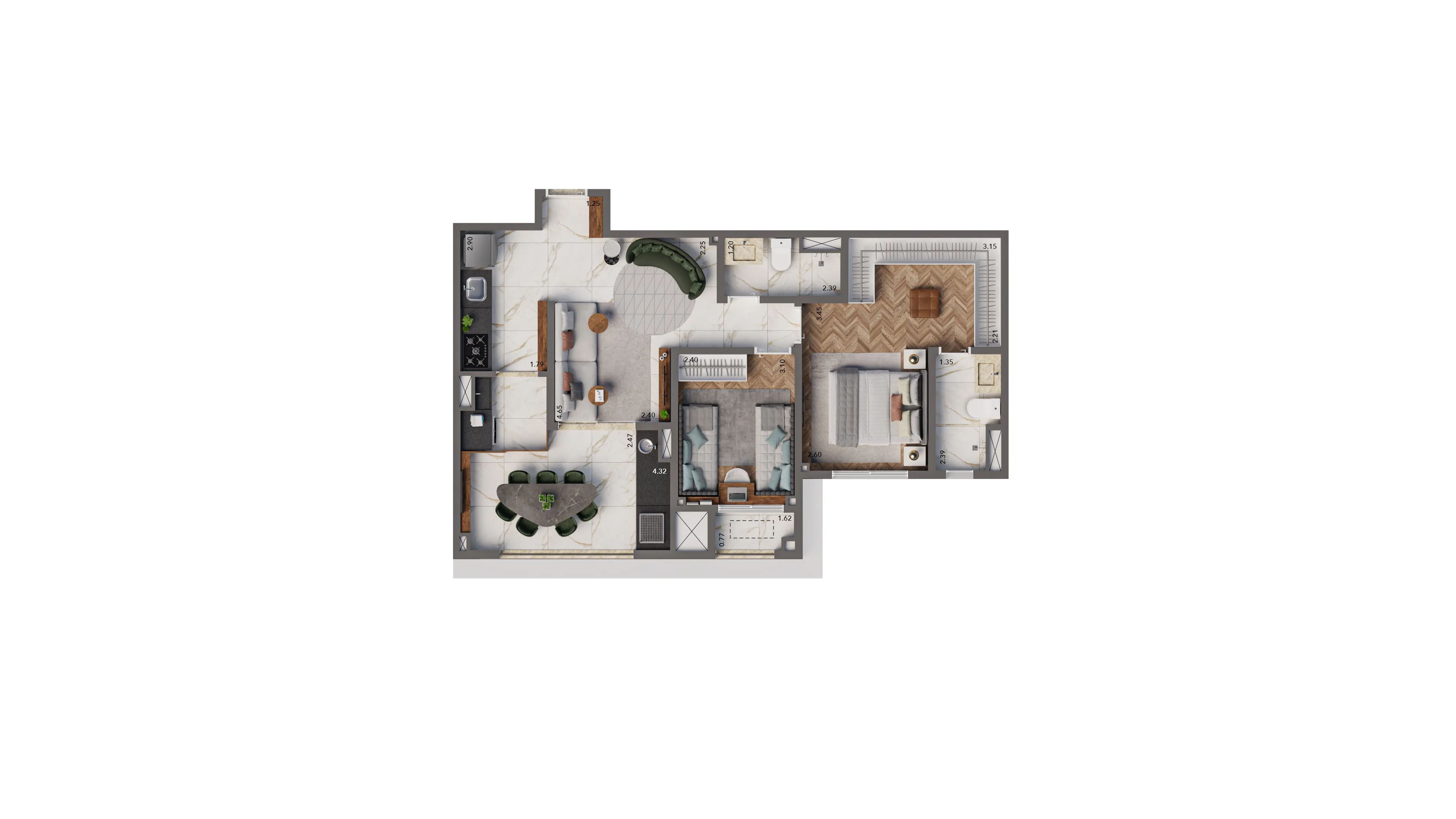 Planta Padrão 69 m² | 2 dorms. | 1 suíte