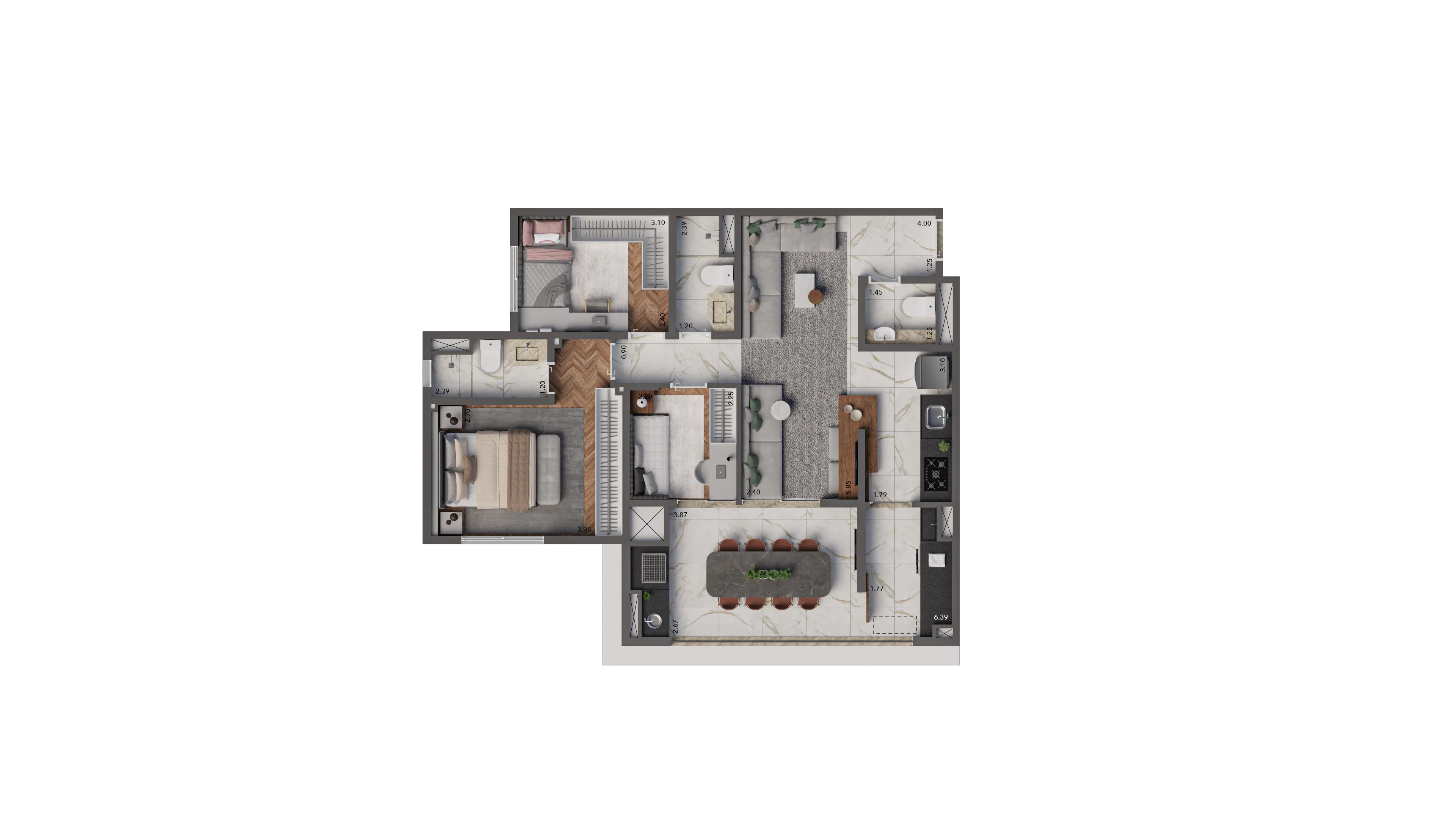 Planta-tipo 83 m² | 3 dorms. (1 suíte)