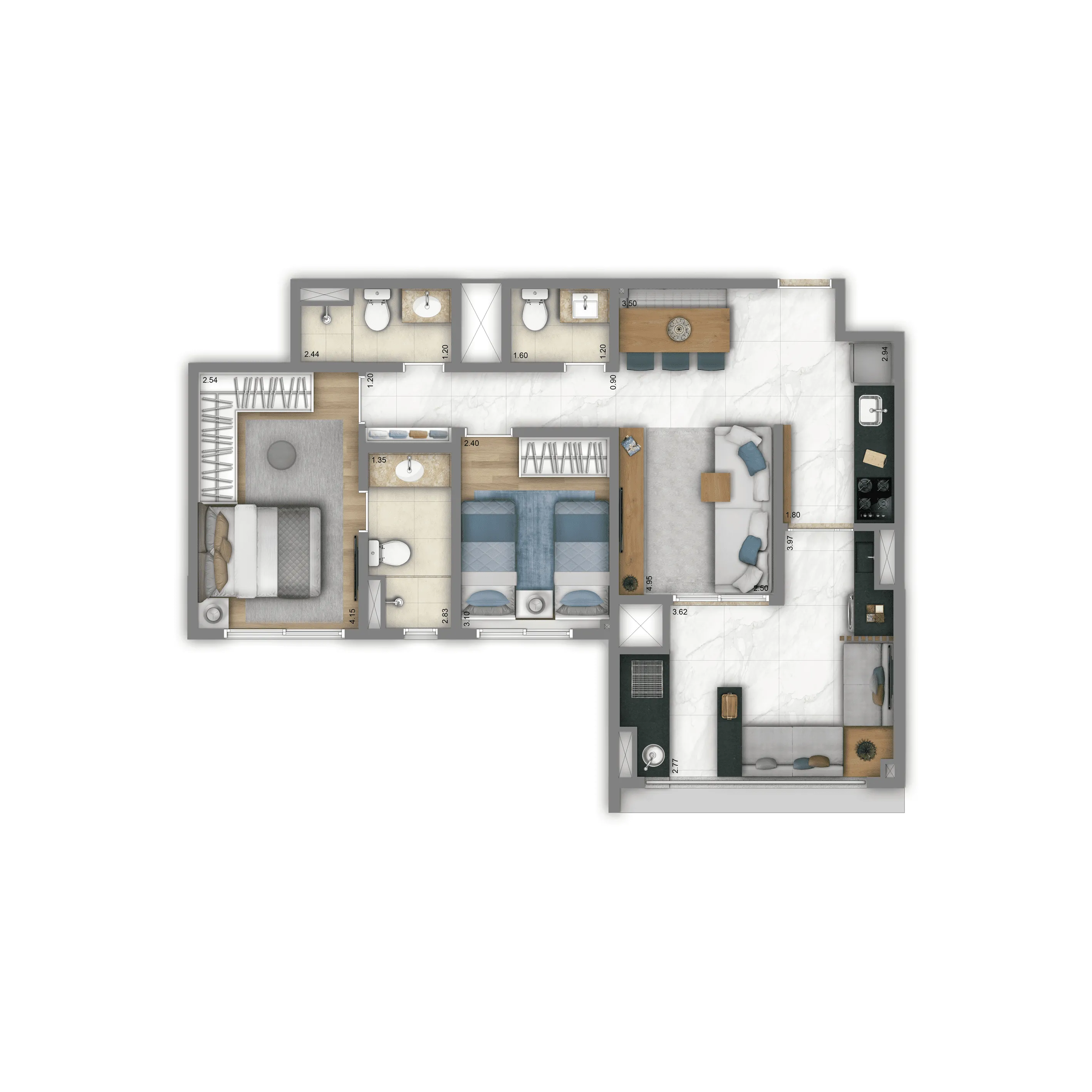 Planta Opção 72m² | 2 dorms. | 1 suíte