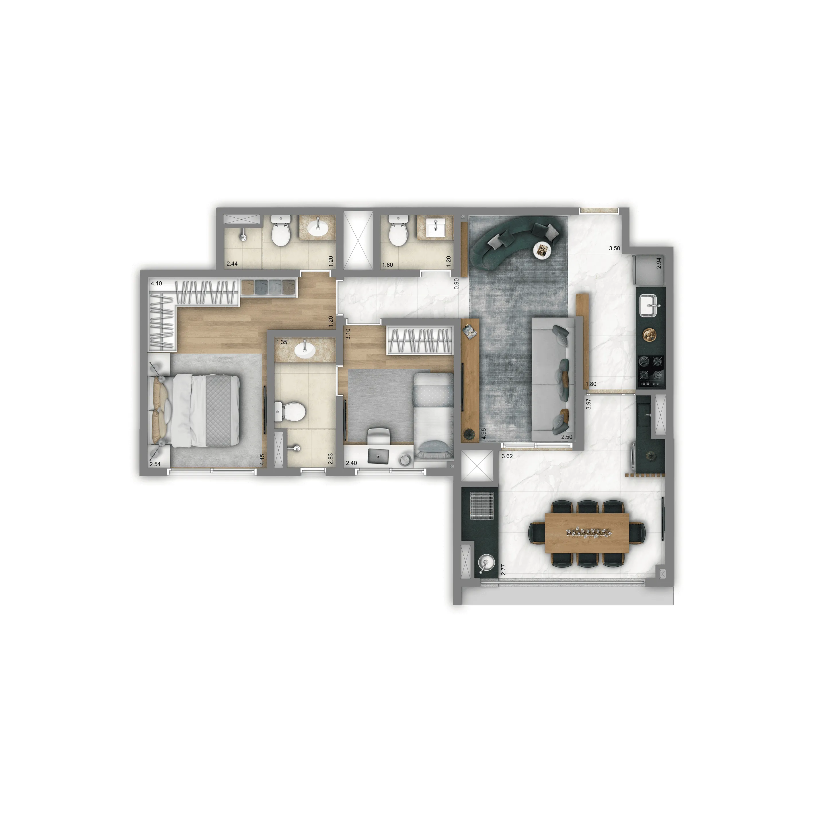 Planta Tipo 72m² | 2 dorms. | 2 suítes