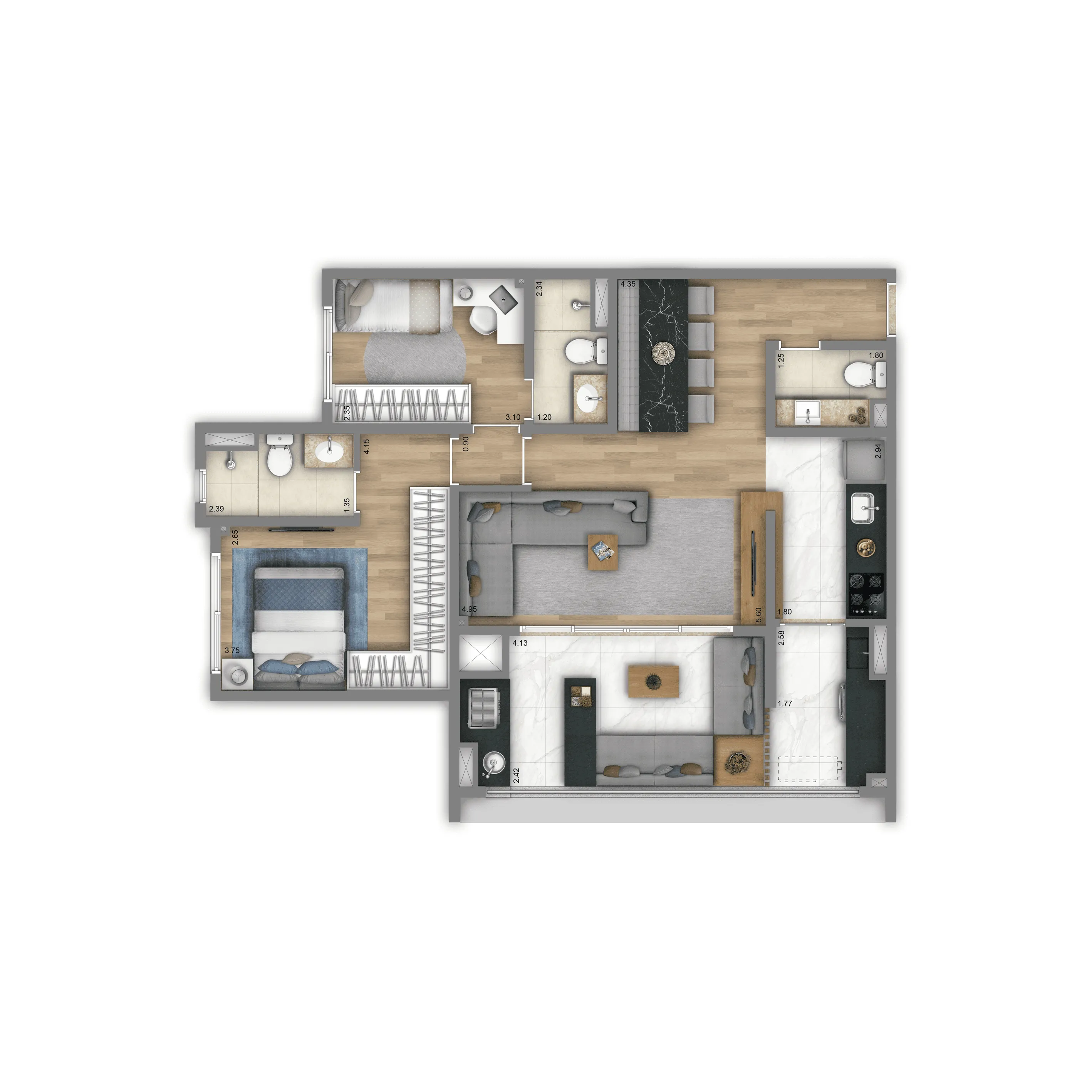 Planta Opção Sala Ampliada 82m² | 2 suítes