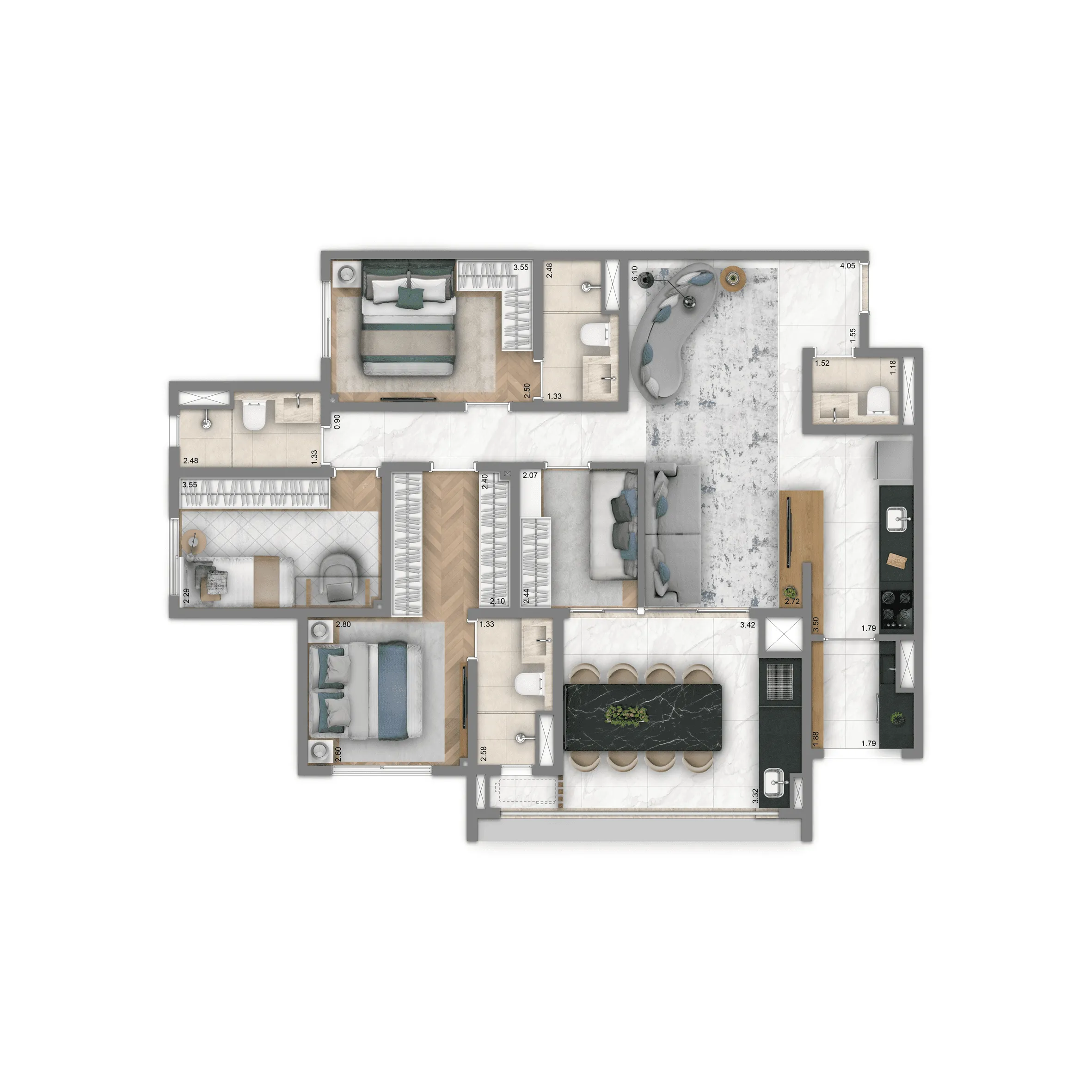 Planta Opção 108 m² | 4 dorms. (2 suítes) 