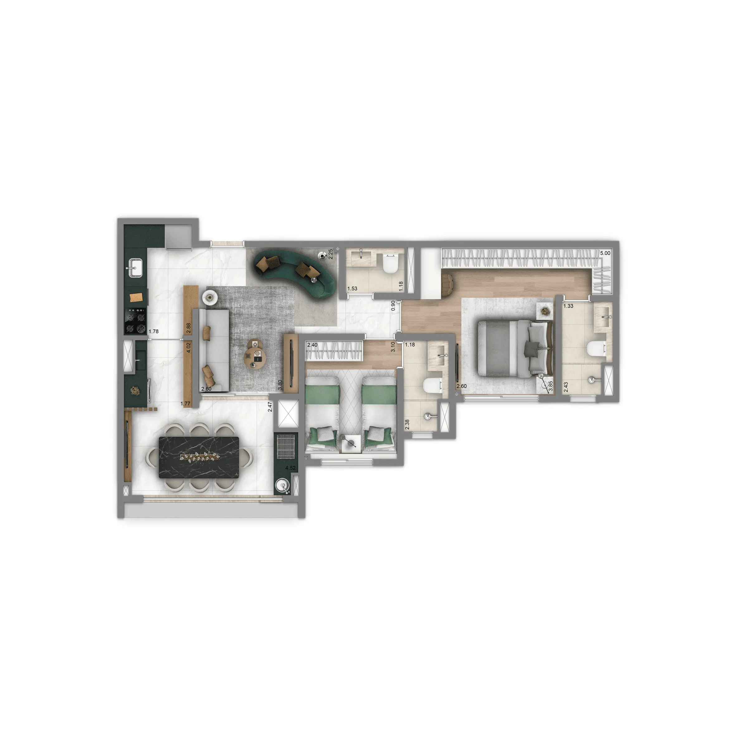 Planta-tipo 71 m²| 2 dorms.  (2 suítes)