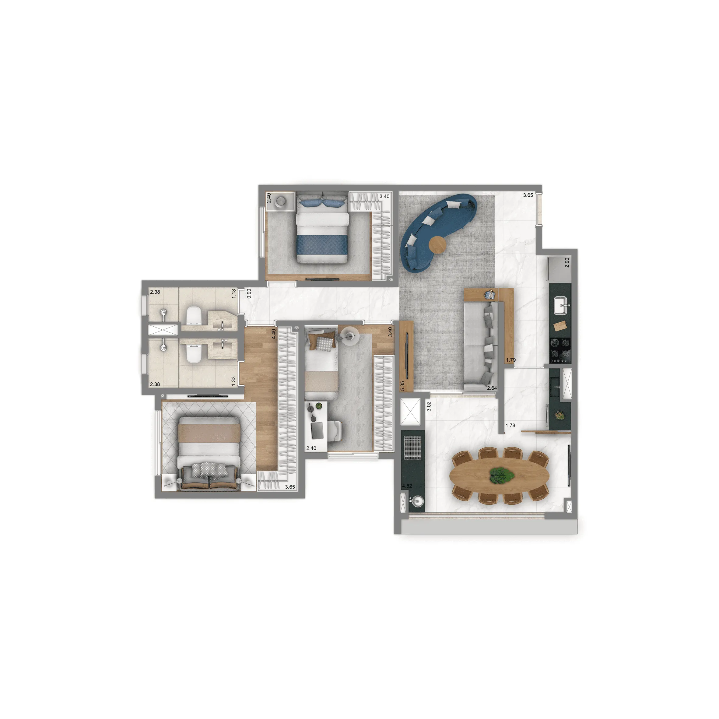 Planta Opção 83 m² | 3 dorms. (1 suíte) 
