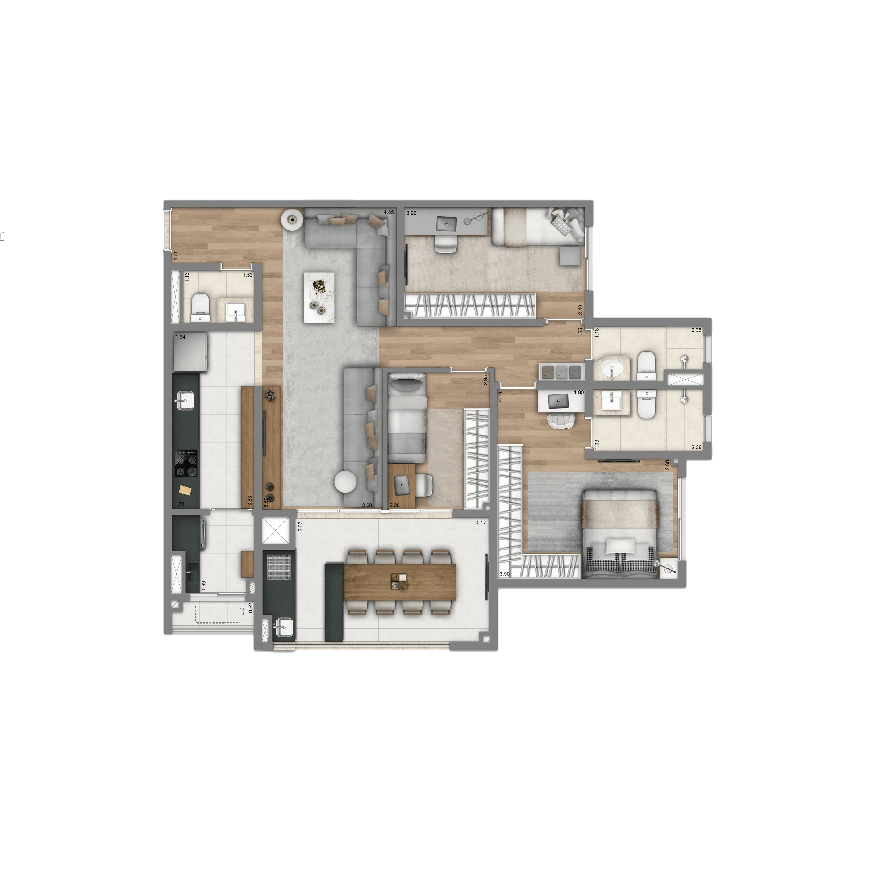 Planta-tipo 96 m² | 3 dorms. (1 suíte)