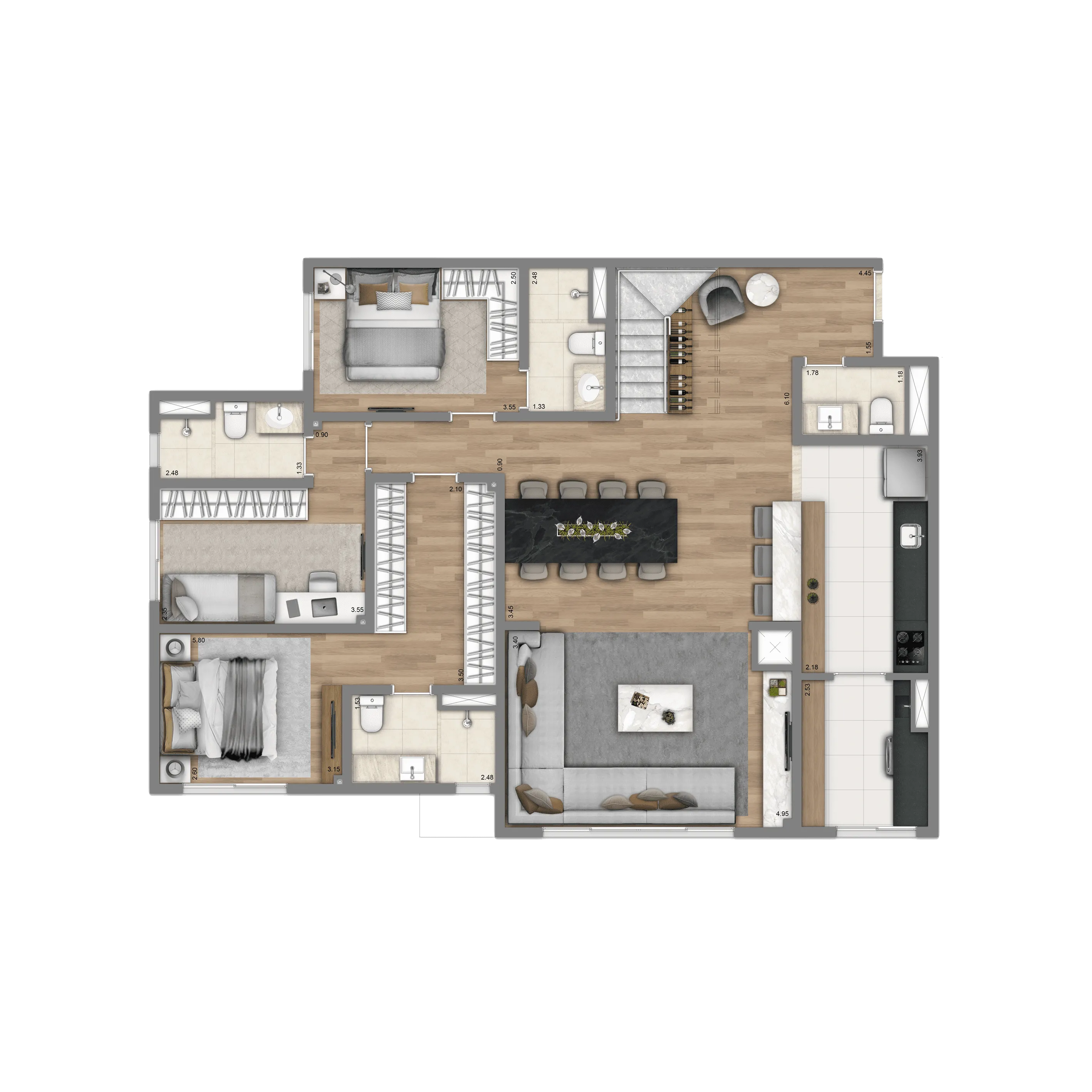 Planta-tipo Duplex 236m² | 3 suítes - Pavimento Inferior