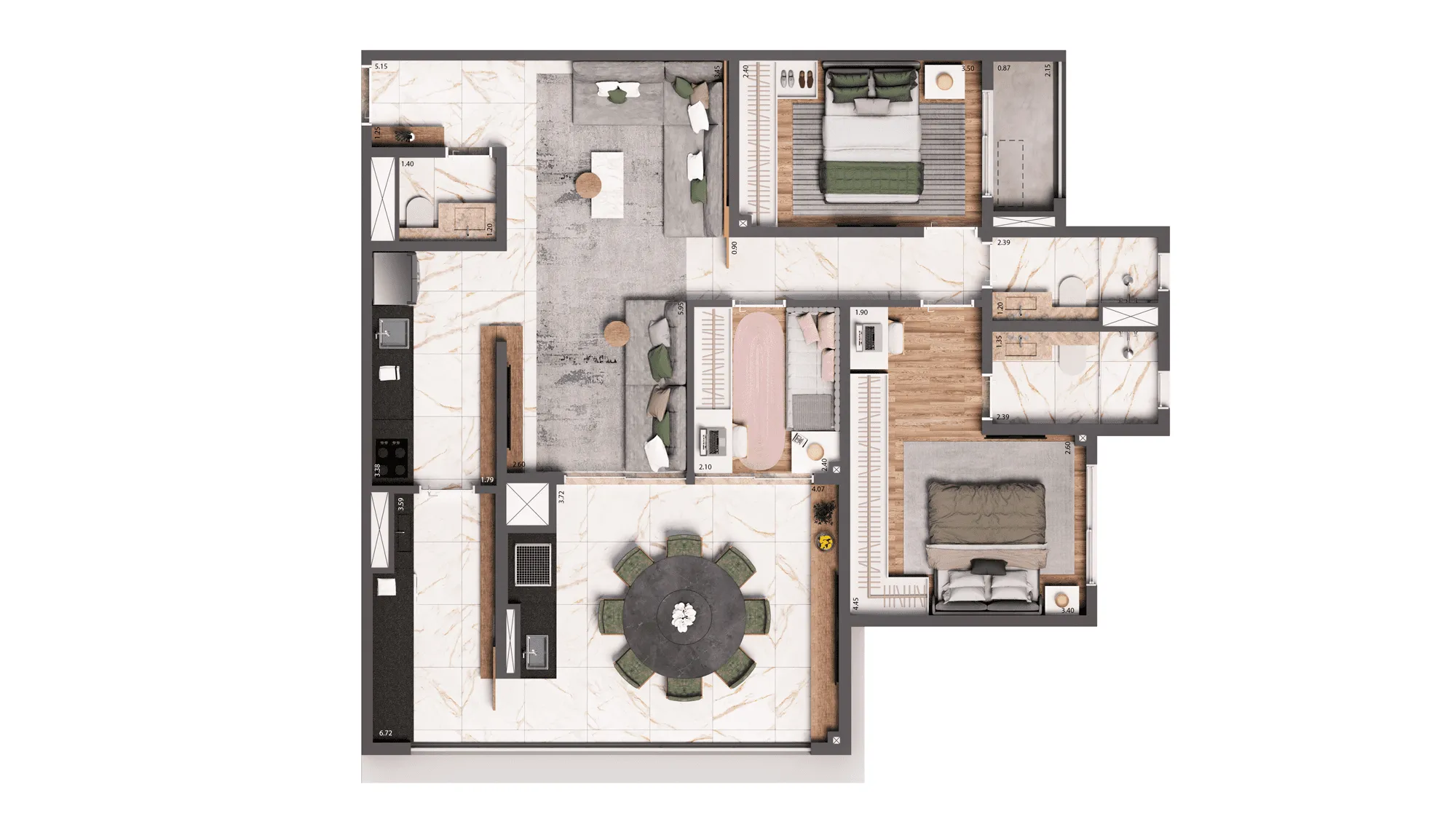 Planta Tipo 100 m² | 3 dorms. | 1 suíte