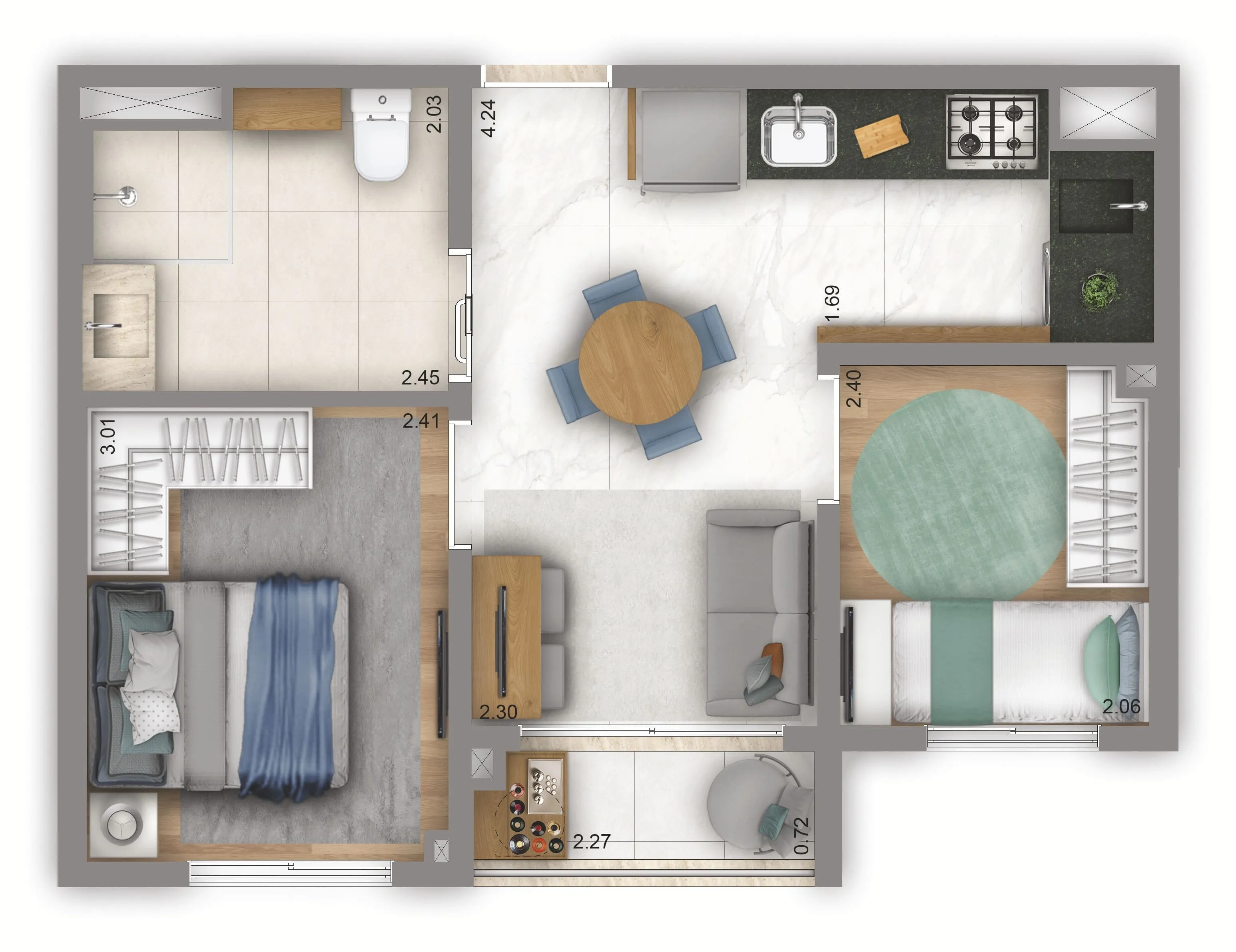 Planta Tipo 37m² | 2 dorms. | Hospedagem