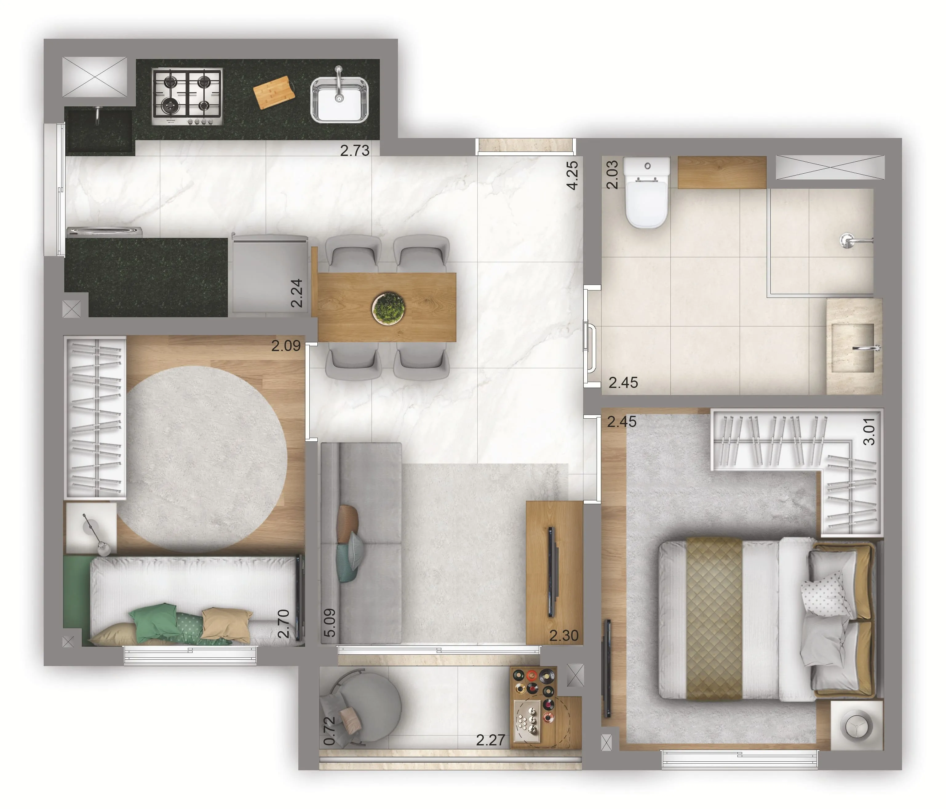Planta Tipo 40m² | 2 dorms. | Hospedagem