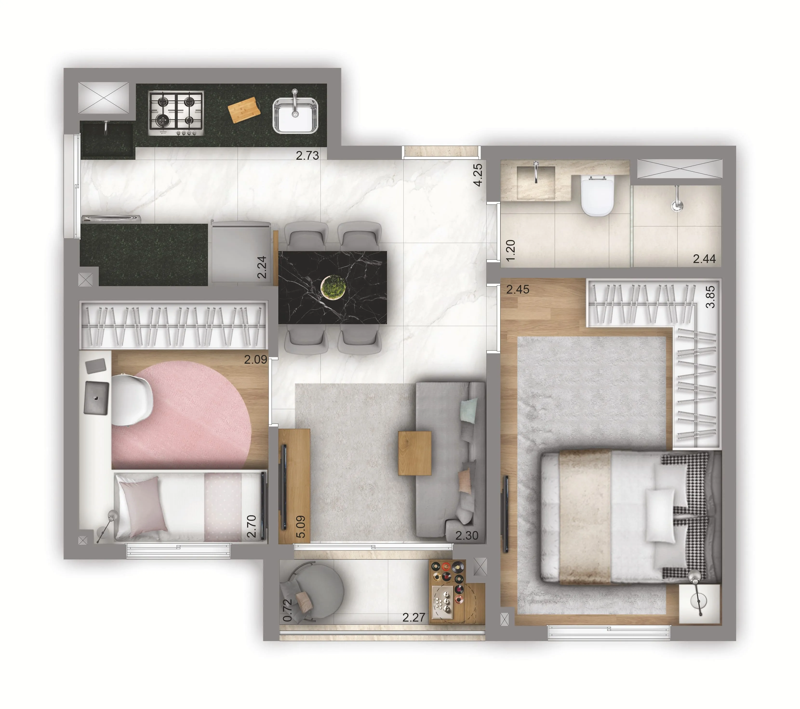 Planta Tipo 40m² | 2 dorms. | Residencial