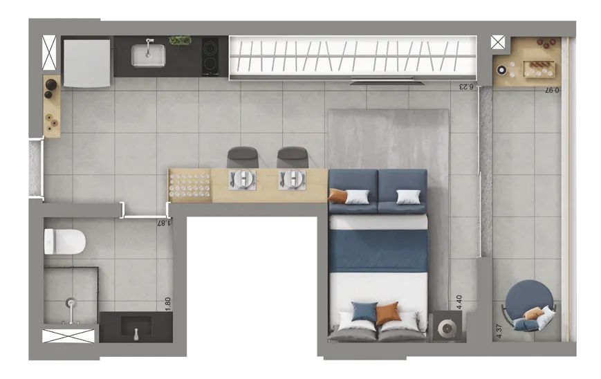 Planta Tipo 37 m² | 1 dorm.