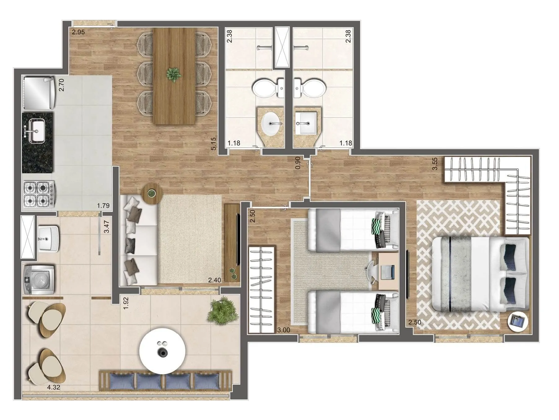 Planta-tipo 61 m² | 2 dorms. (1 suíte)