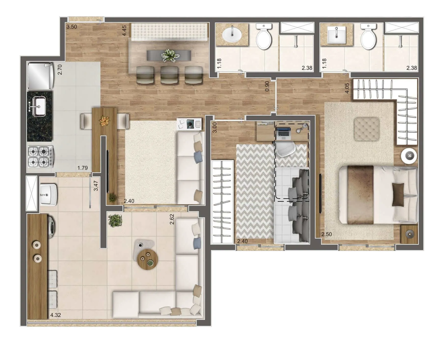 Planta-tipo 62 m² | 2 dorms. (1 suíte)