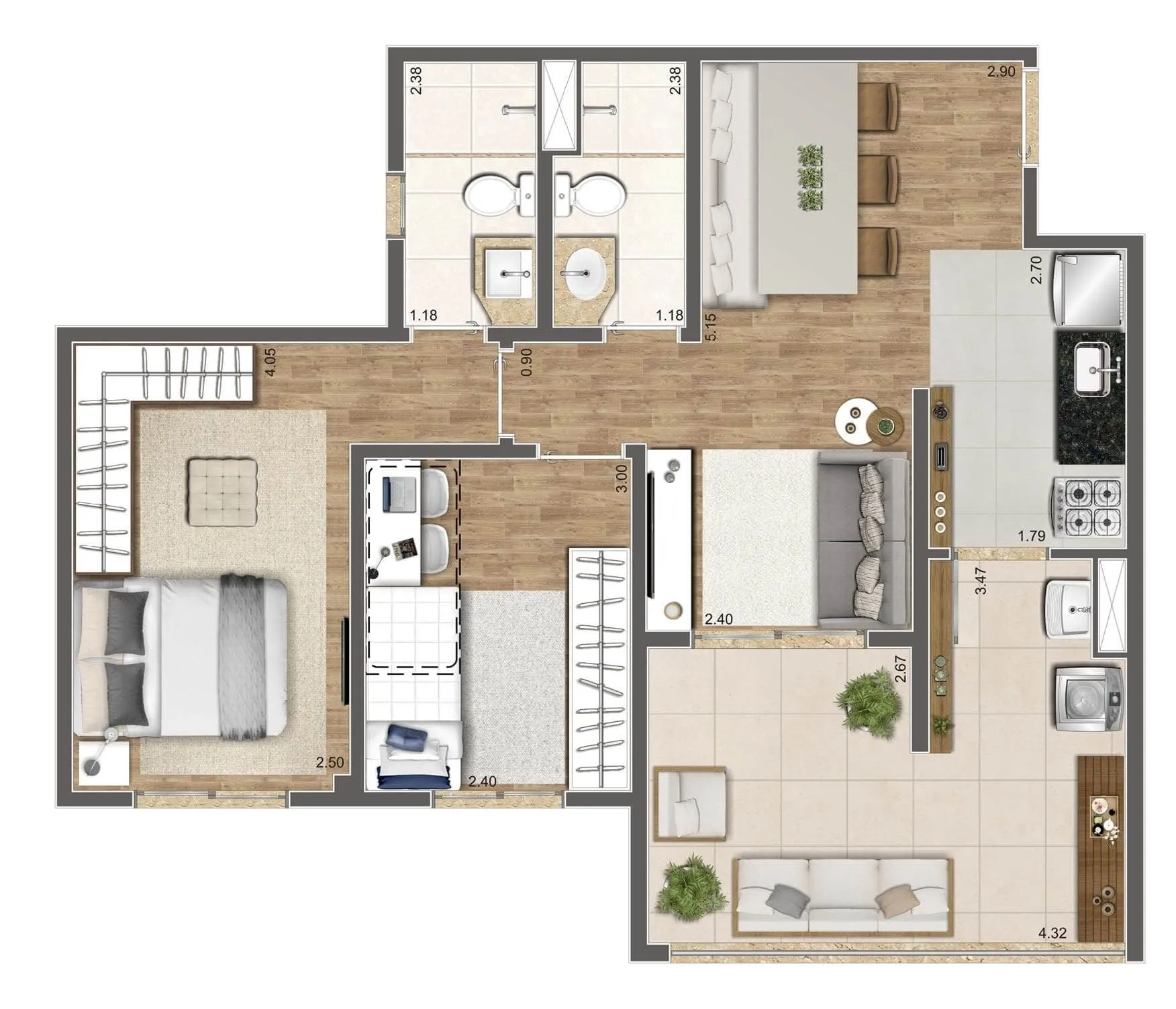 Planta-tipo 64 m² | 2 dorms. (1 suíte)