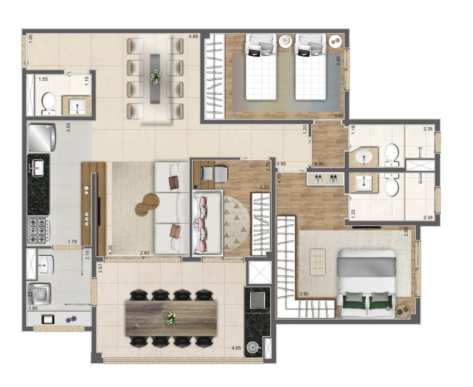 Planta-tipo 93 m² | 3 dorms. (2 suítes)