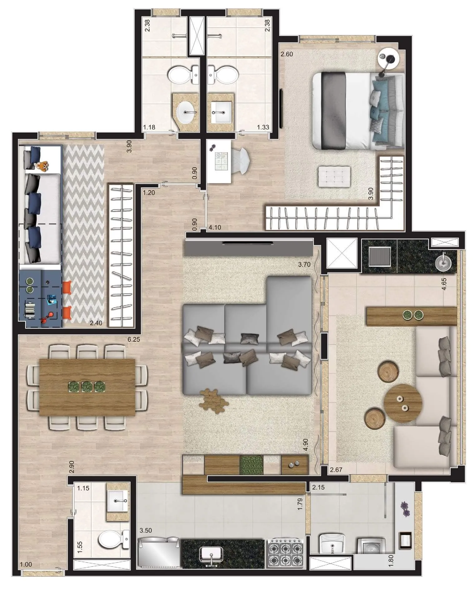 Planta Opção 93 m² | 2 suítes