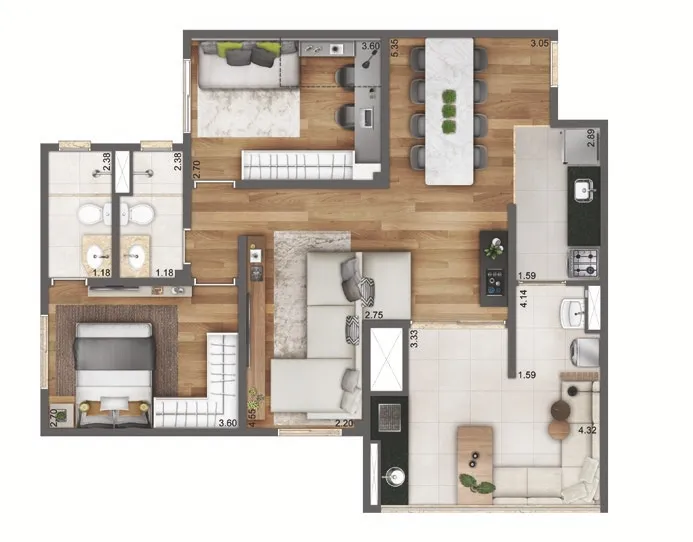 Planta Opção 80 m² | 2 Dorms. | 1 Suíte