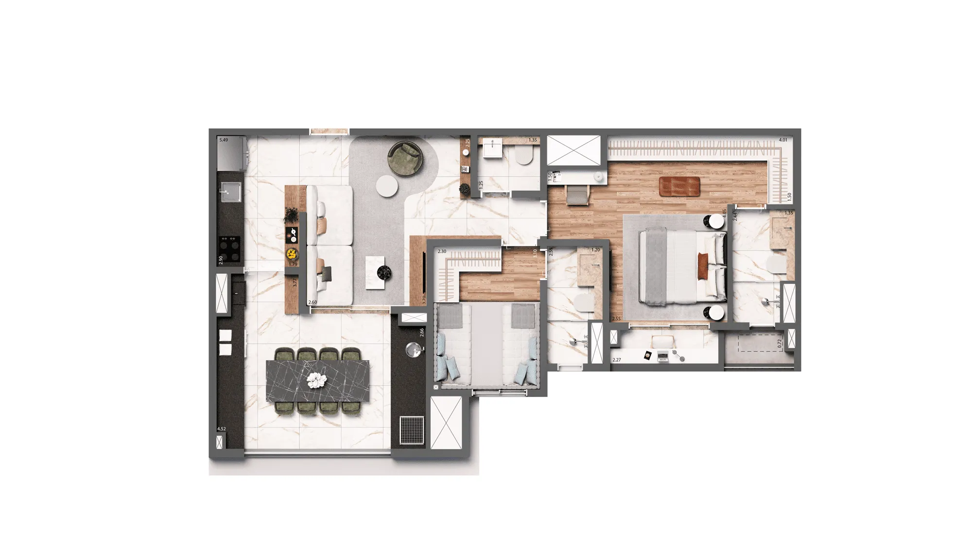 Planta Tipo 75 m² | 2 suítes