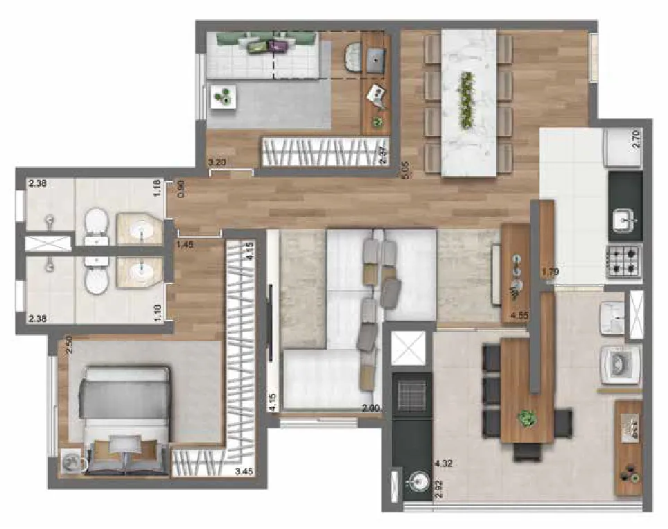 Planta Opção 76 m² | 2 Dorms. | 1 suíte