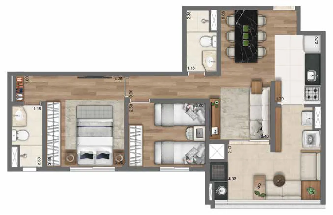 Planta 65 m² | 2 Dorms. | 1 suíte