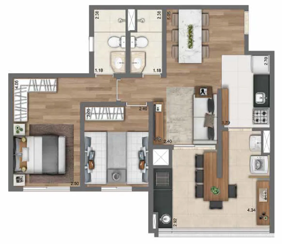 Planta 64 m² | 2 Dorms. | 1 suíte