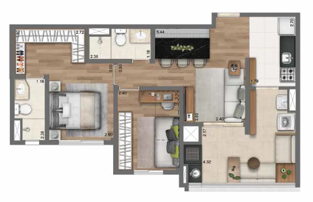 Planta 62 m² | 2 Dorms. | 1 suíte