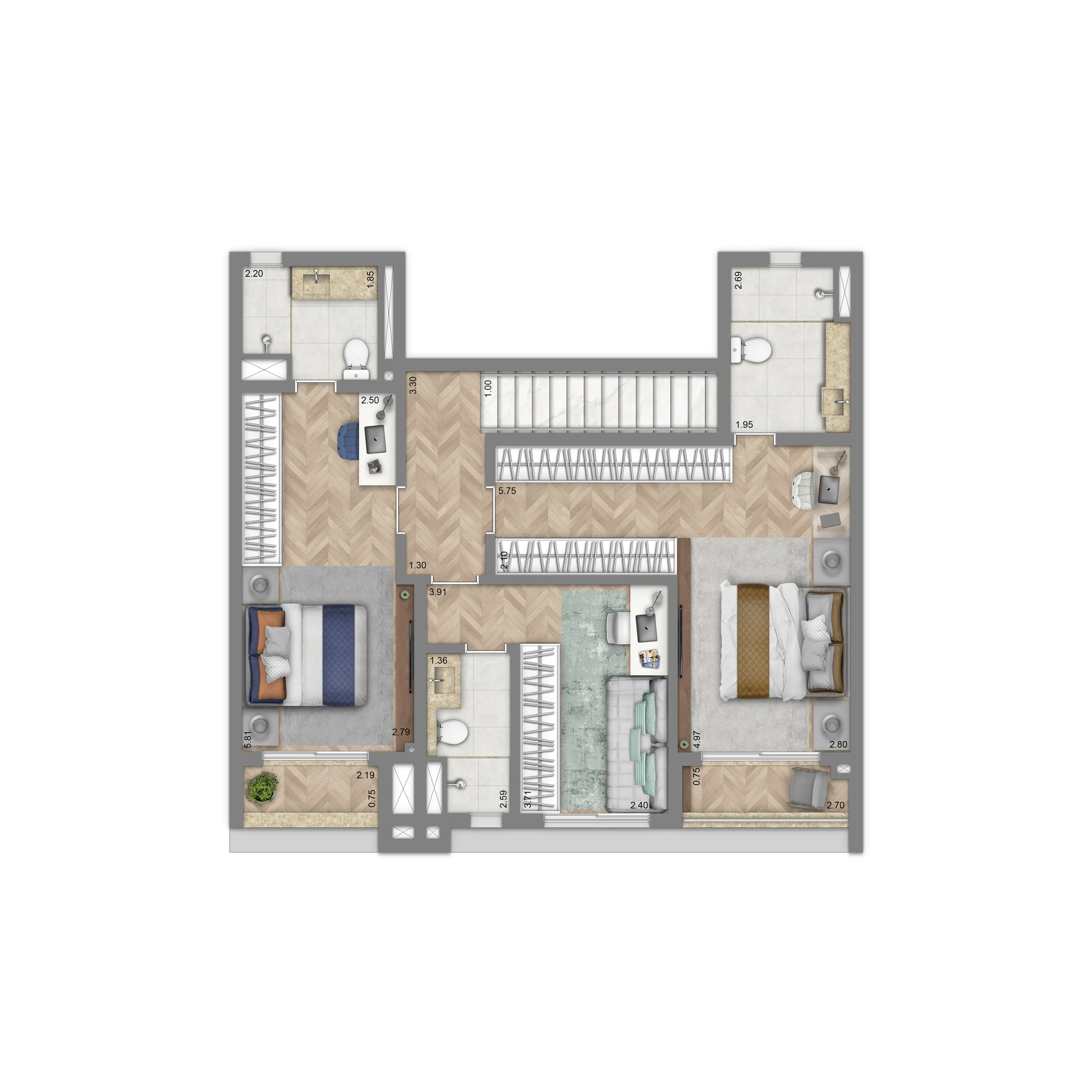 Planta Townhouse Superior 157 m² | 3 dorms | (3 suítes)