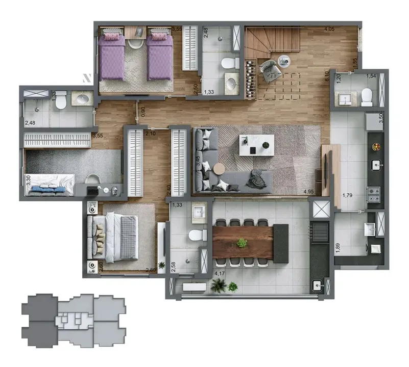 Planta Duplex Inferior 197m² | 4 Suítes