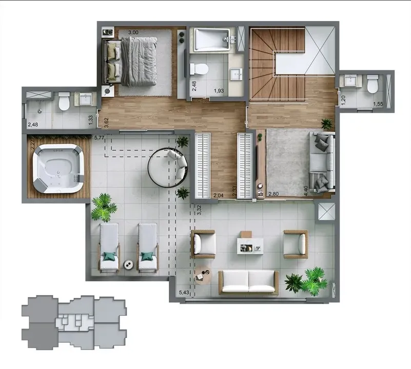 Planta Duplex Superior 197m² | 4 Suítes 