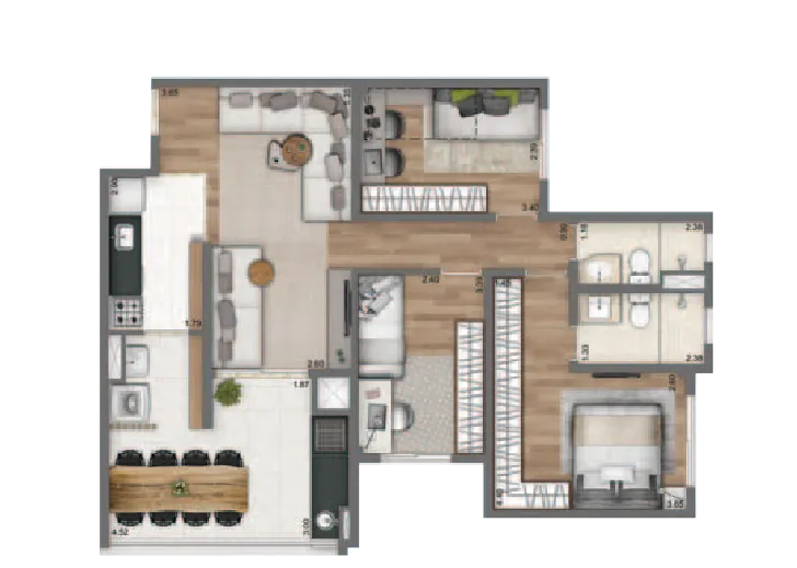 Planta Tipo 84m² | 3 Dorms. | 1 suíte