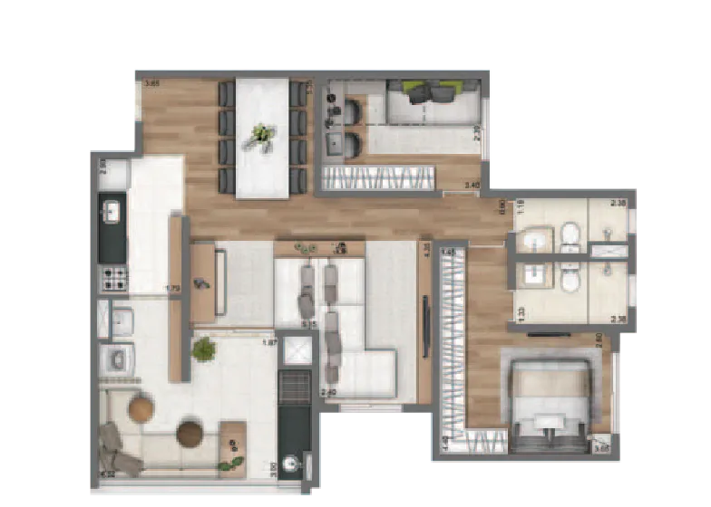 Planta Opção 84m² | 2 Dorms. | 1 suíte