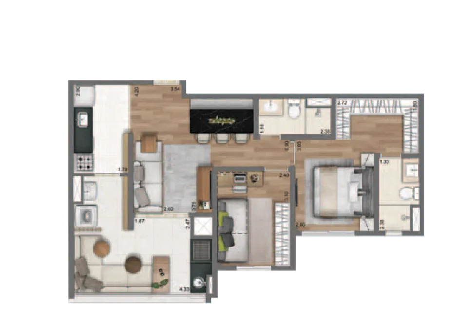 Planta 67m² | 2 Dorms. | 1 suíte