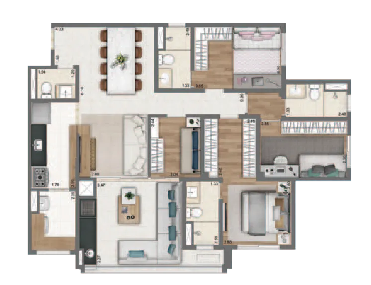 Planta Tipo 110m² | 4 Dorms. | 2 suítes