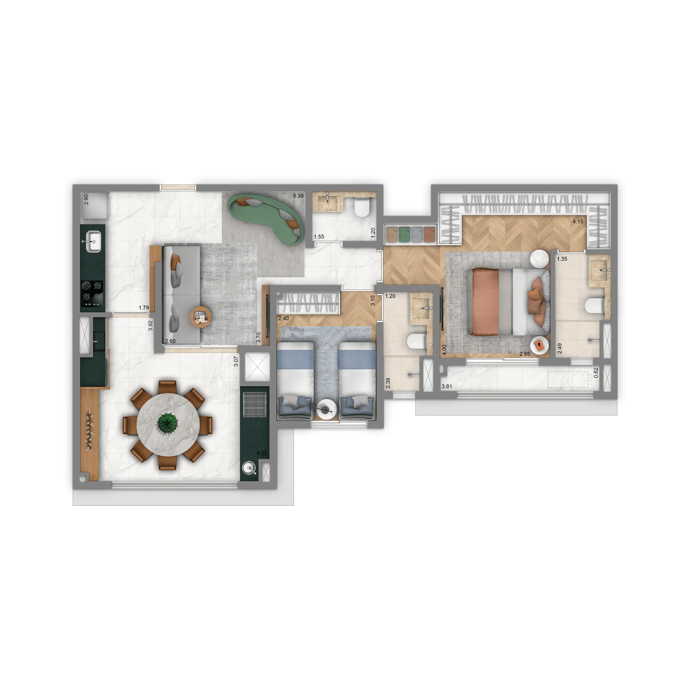 Planta-tipo 75 m² | 2 suítes