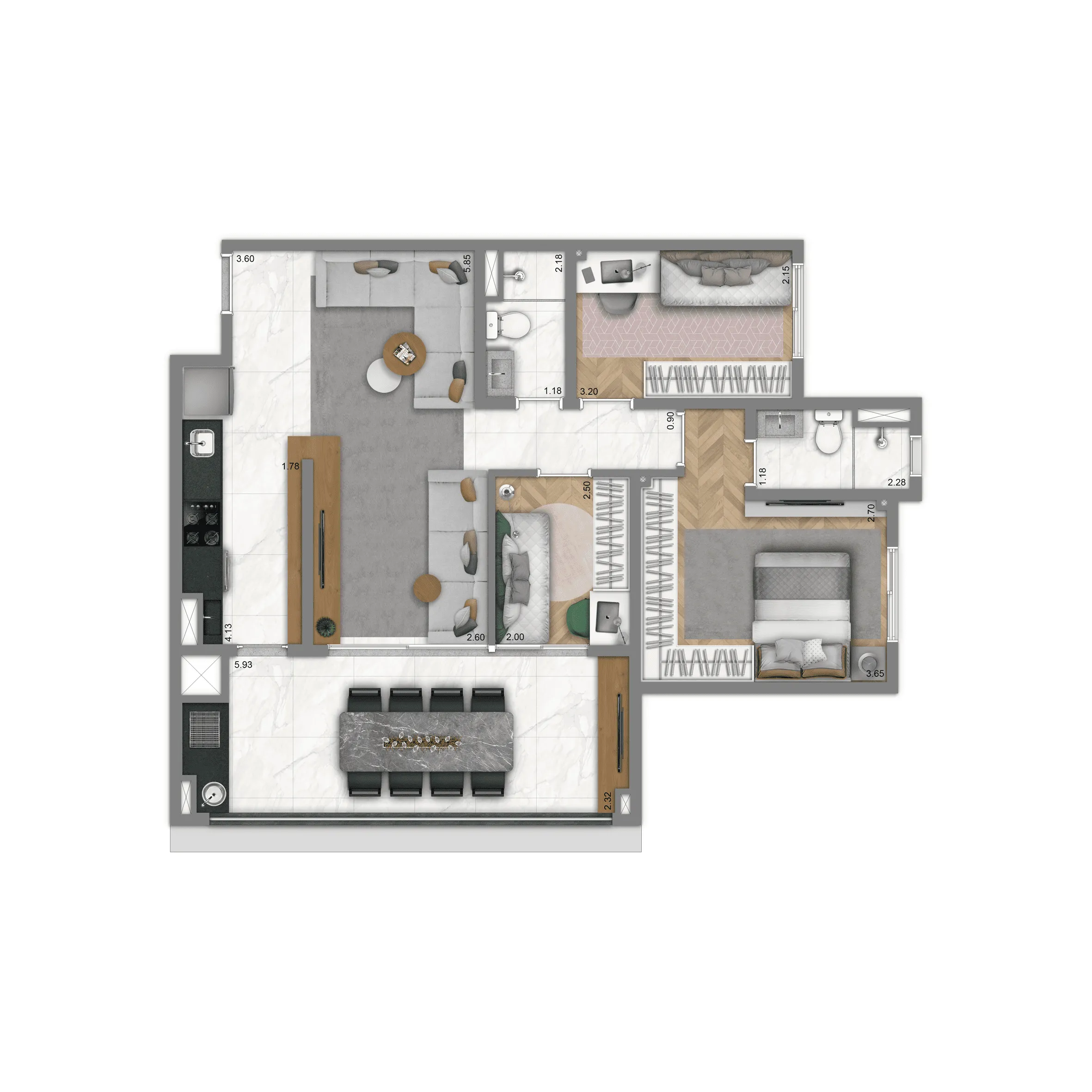 Planta-tipo 80 m² | 3 Dorms. (1 suíte)