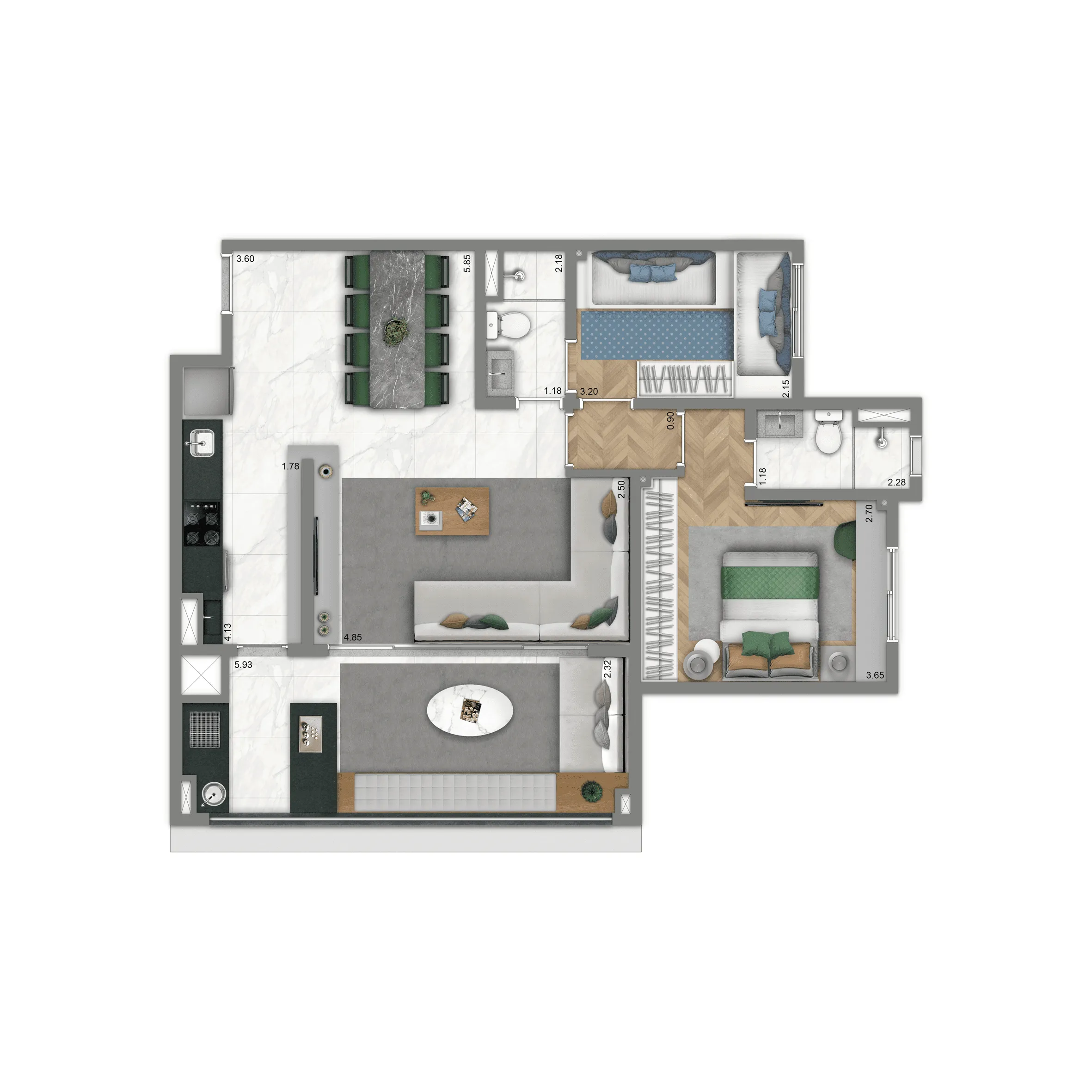 Planta opção 80 m² | 2 Suítes