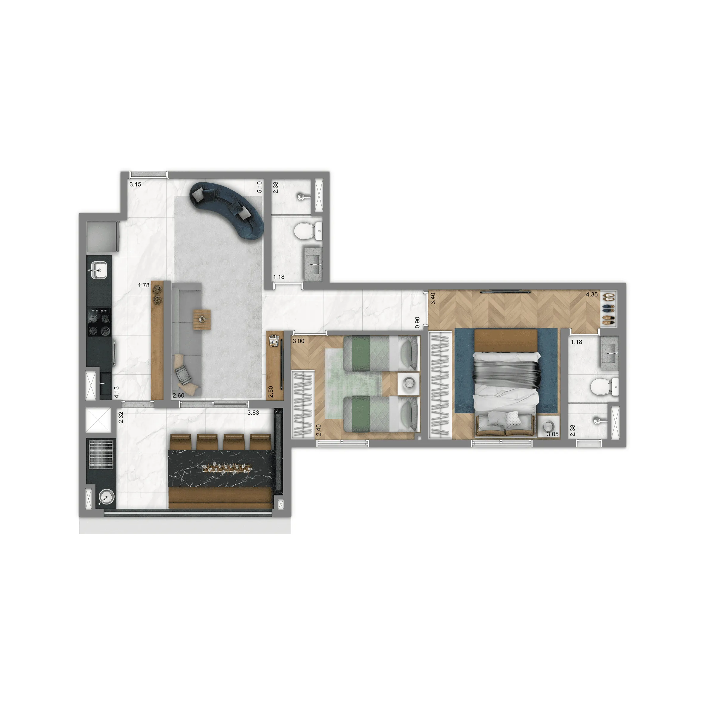 Planta 67 m² | 2 Dorms. (1 suíte)