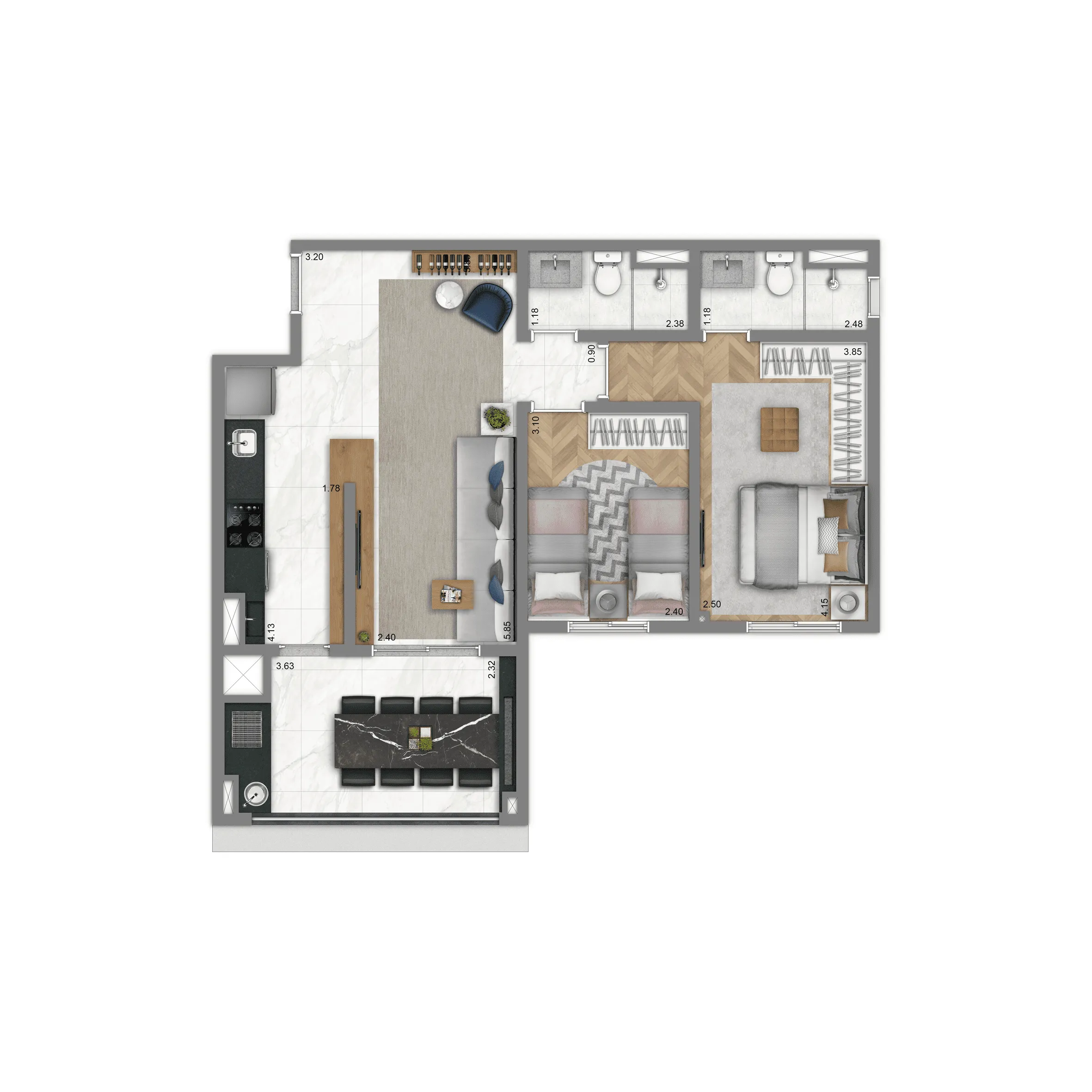 Planta 66 m² | 2 Dorms. (1 suíte)