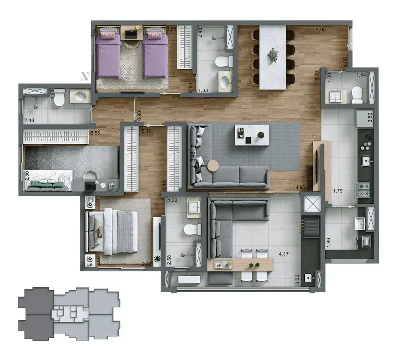 Planta-tipo 108 m² | 4 Dorms. (2 Suítes) 