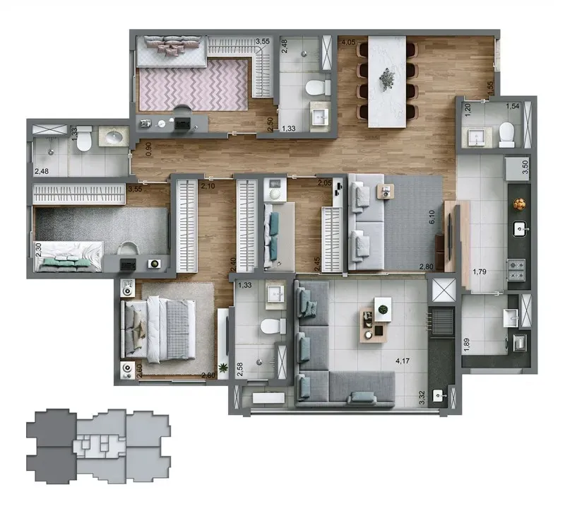 Planta Opção 108 m² | 3 Suítes