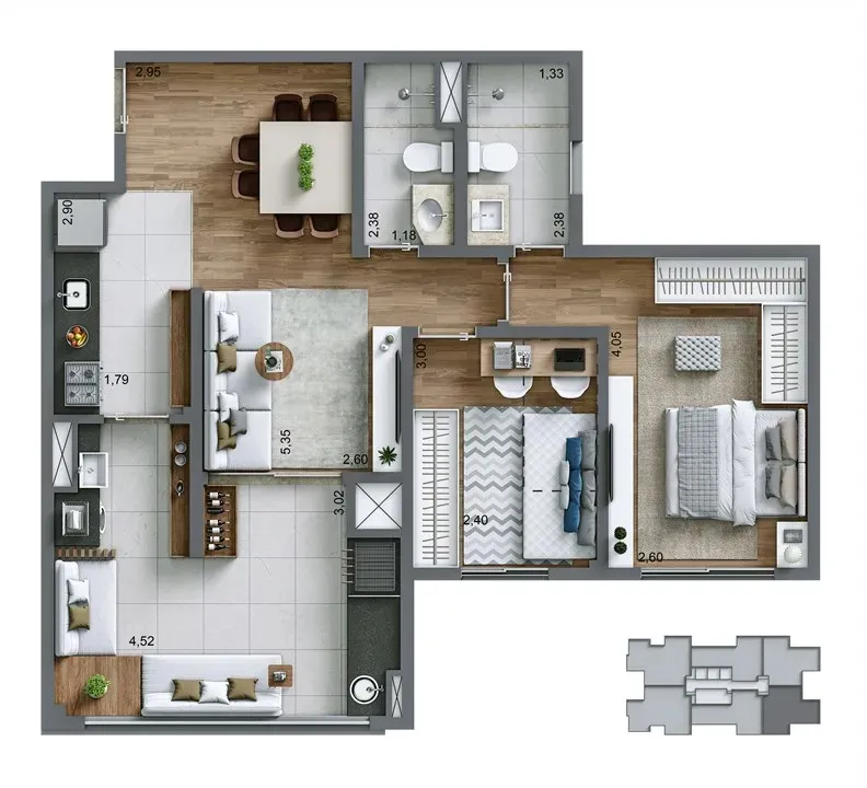 Planta-tipo 68 m² | 2 Dorms. (1 Suíte)