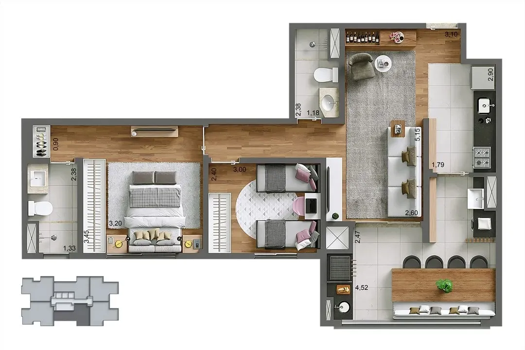 Planta-tipo 69 m² | 2 Dorms. (1 Suíte) 