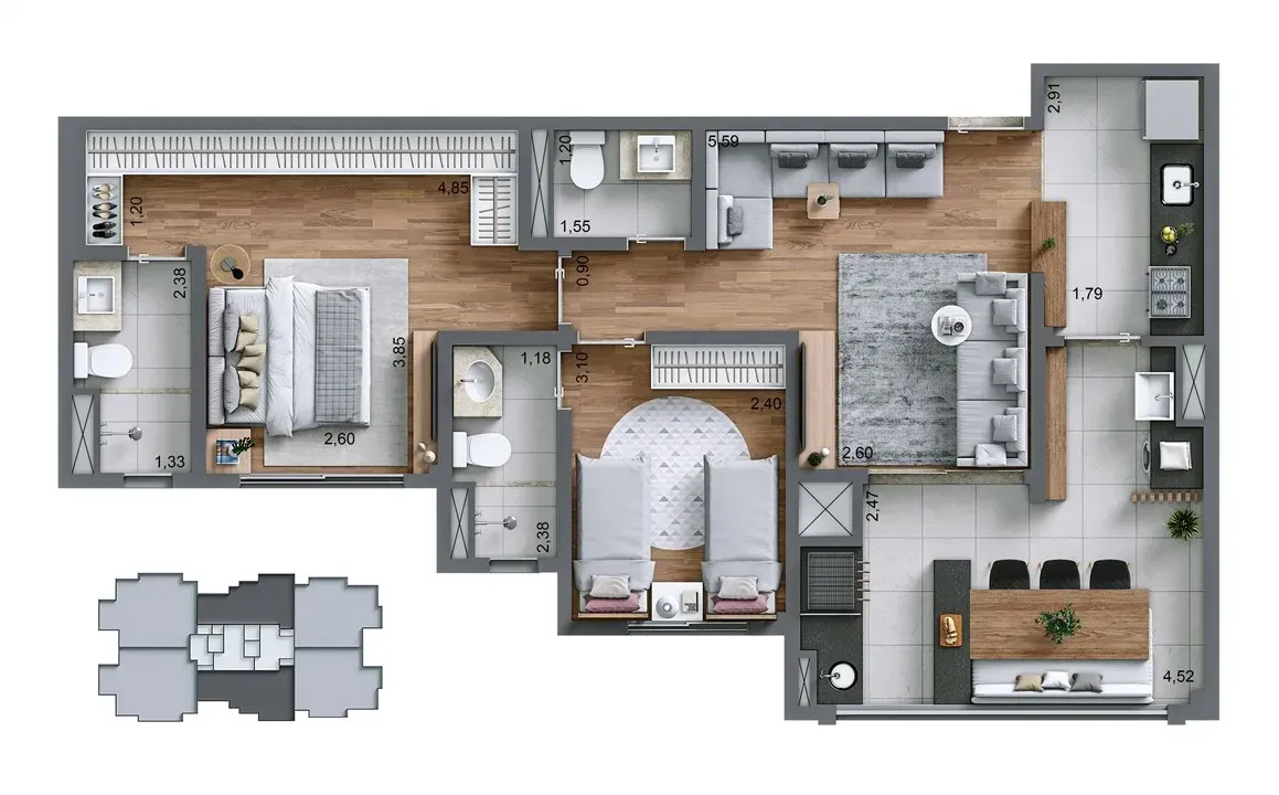 Planta-tipo 71 m² | 2 Suítes