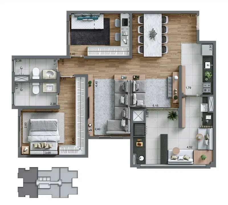 Planta Opção 84 m² | 2 Dorms. (1 Suíte) 