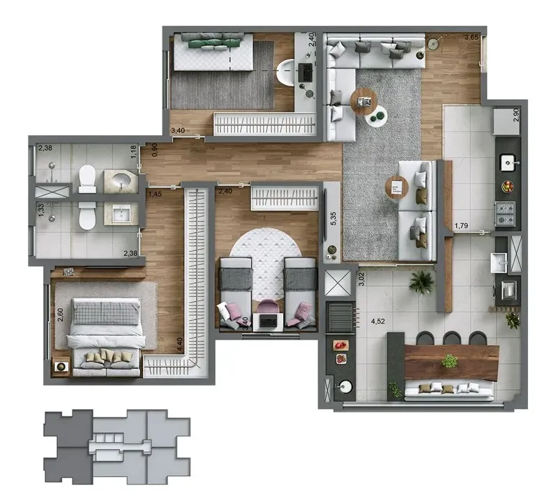 Planta-tipo 84 m² | 3 Dorms. (1 Suíte) 