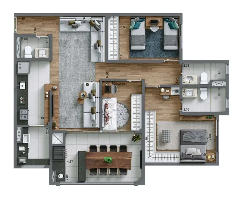 Planta Tipo 93 m² | 3 dorms. | 2 Suítes
